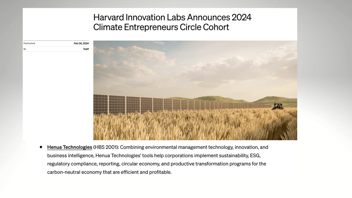 Harvard selecciona a Climatech HENUA TECHNOLOGIES para impulsar la sosteniblidad mundial