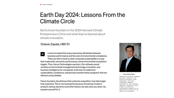 Harvard Innovation Lab destaca soluciones de HENUA TECHNOLOGIES en Día de la Tierra